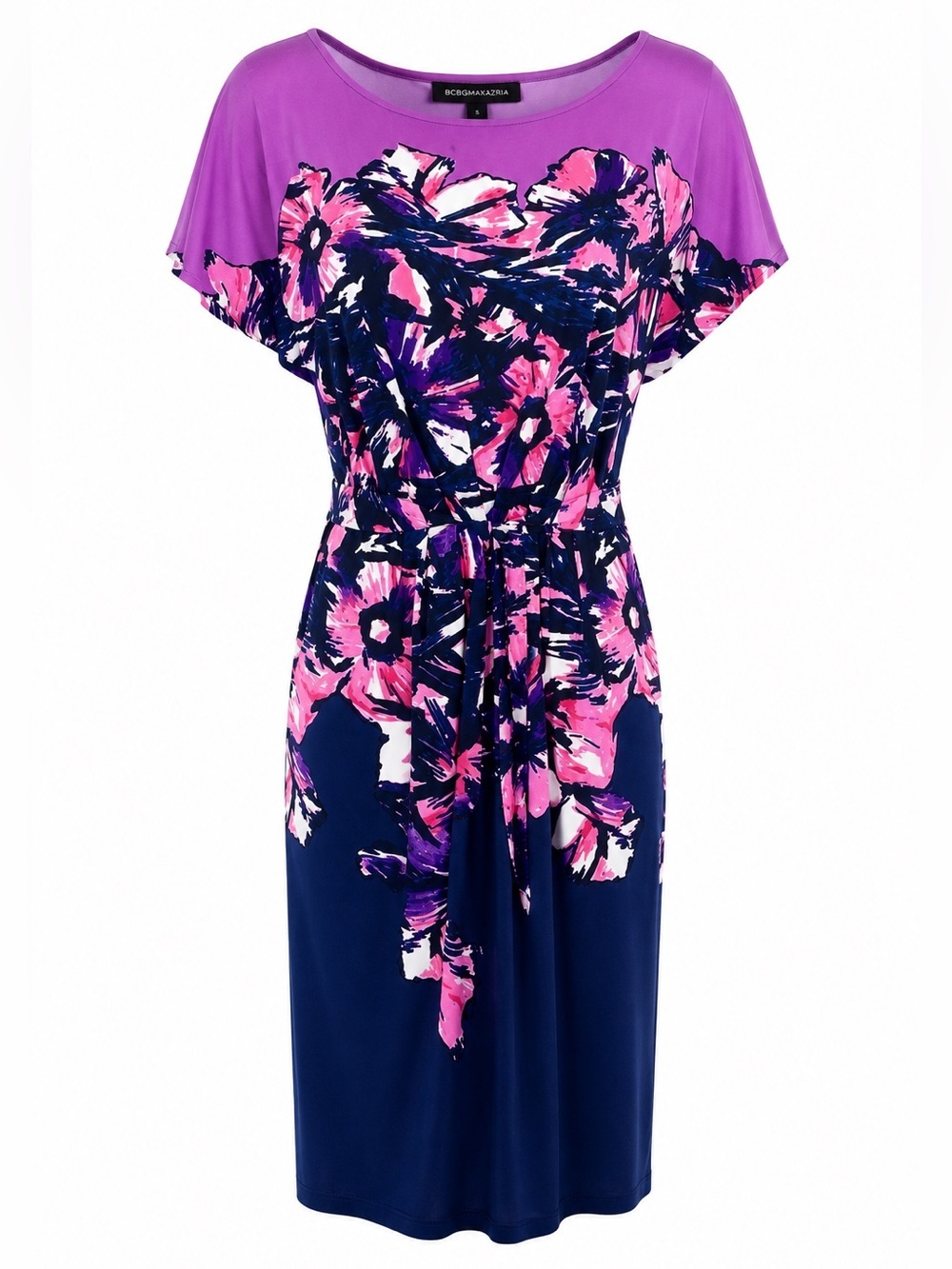 BCBGMaxAzria ‘Violet Com’ Pleated Jersey Knit Dress in Purple Floral Size Small
